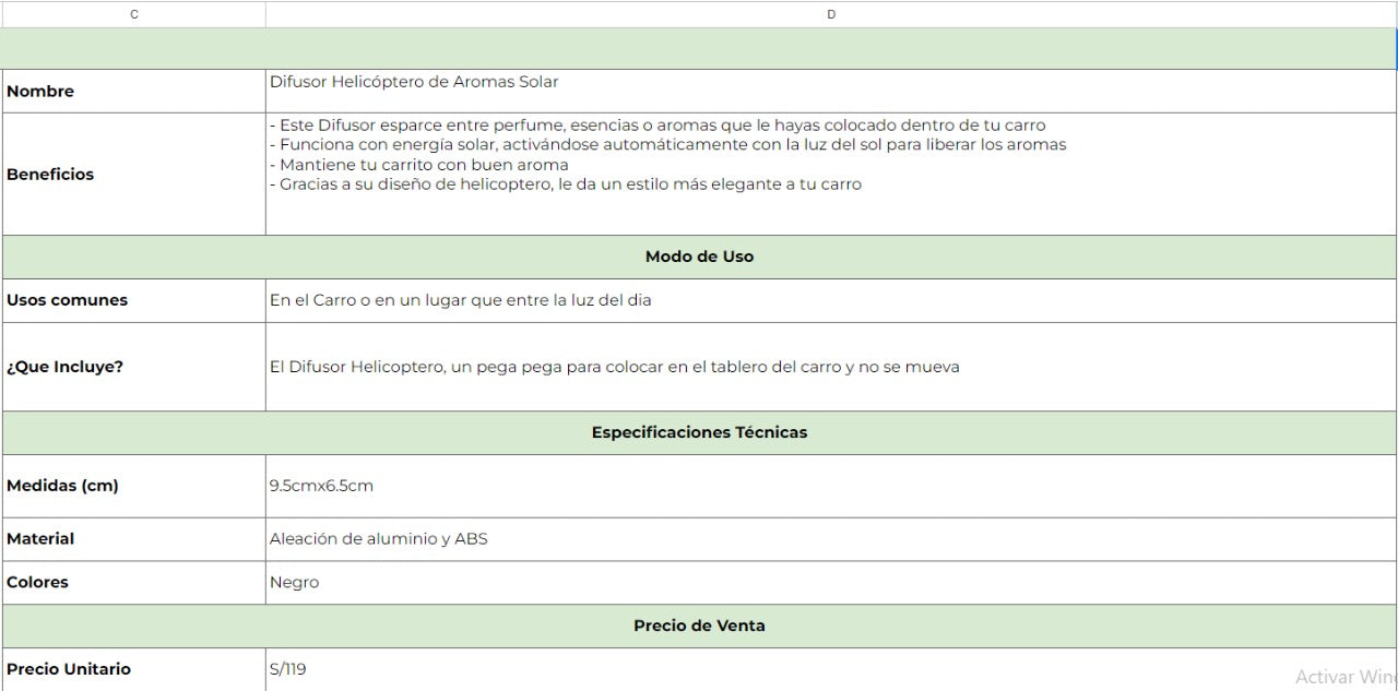 HELICOPTERO DIFUSOR SOLAR  DE AROMA
